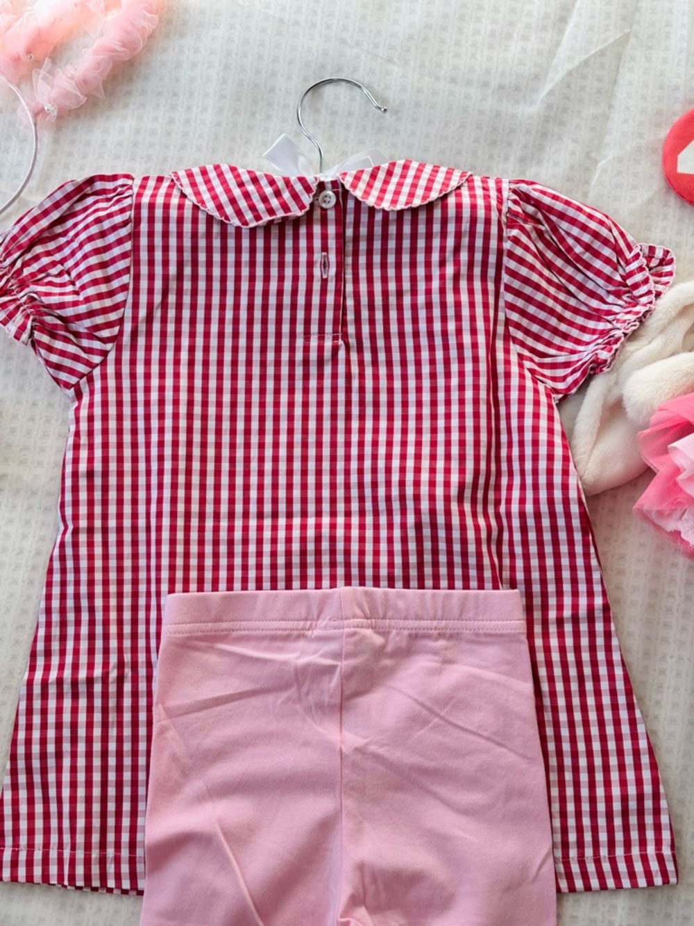 Girls' Red & White Gingham Peter Pan Collar Tee with Pink Leggings